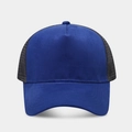 Detail of royal blue faux suede front and black mesh breathable panels on trucker hat - Adjustable / Solid Blue