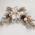 Christmas wreath featuring white magnolia flower with gold and silver ornaments and pine cones - White Magnolia Crescent Swag