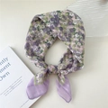 Linen cotton square scarf with purple floral pattern and solid purple border - 58*58cm / 6 Stripe Base-Small White Flower Purple