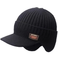 Winter knit trapper hat for men with brim and fleece lining for cold protection - Knit Beanie With Visor / Thick Double Layer (Non-fleece) Black