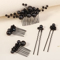 Five-piece bridal hair set with black pearls and combs for vintage wedding hair styling - Comb and Hair Pins (HS-J7138BLK)