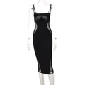 Front view of black bodycon dress with sheer mesh panels and supportive bustier design - S / Black