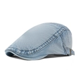 Light blue denim beret cap with metal buckle and vintage stitching details - Adult / Light Blue