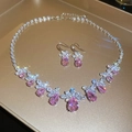Elegant silver jewelry set with floral patterns and pear-cut pink gemstones in a gold tray - 101# Necklace-Pink