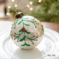8cm milky white glass Christmas ball with green glitter leaves and red rhinestones - Milky White Green Glitter Branch Red Rhinestone Style (Style E)