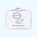 White cartoon seal storage bag with gray handles and 'go for it' print for travel - Whale