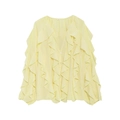 Detail of light yellow V-neck shirt with layered ruffles and brand size S label on neck - Yellow