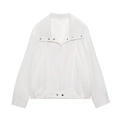 Flat lay of a minimalist white long sleeve bomber jacket and matching pleated trousers - XS / Tops