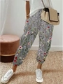 Detail der Damen Leinen-Jogginghose mit Blumenprint, elastischem Bund und Kordelzug - S / Unterteile / Grau Bedruckt