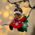 Plush Christmas reindeer ornament wearing a red snowflake sweater and a scarf - Reindeer Hugging Tree