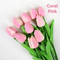 Single bunch of ten artificial orange pink tulips with realistic petals and green leaves - Orange Pink
