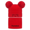 Red baby winter knit hat and scarf set with double pom-poms and cute bear embroidery - Red