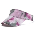 Detailed view of reinforced stitching on colorful pink and grey tie-dye sun visor hat - Grey Purple