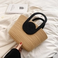 Khaki hand-woven cotton rope tote bag with black ring handles on white fabric - Khaki with Black Handle