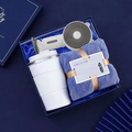 Business gift set in navy box with white portable fan, coffee mug and blue towel - [Sapphire Blue] Cup + Fan + Towel