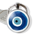 Turkish Evil Eye keychain with round blue watercolor pattern and silver metal ring - Watercolor Smudge Eye (JY006346-12)