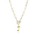 Close-up of gold paperclip chain necklace with a letter J pendant and toggle clasp - Letter J
