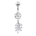 Silver stainless steel belly button ring featuring clear zircon feather leaf dangle pendant - Leaf Feather Style JE0172D
