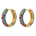 Detail of gold hoop earrings with blue enamel and colorful hand-painted flower petals - Blue