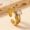 Adjustable gold ring with a large center gemstone and sparkling side accents - 8 / White (Micro-set with Zirconia)