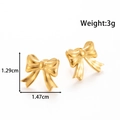 Golden minimalist bow stud earrings in brushed titanium steel with dimensions showing - YE-069-Gold