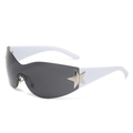 Y2K rimless shield sunglasses with white frames and silver star detail on temple - White Frame Grey Lens
