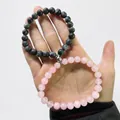 Magnetic couple bracelets featuring pink rose quartz and dark grey labradstone beads - Rose Quartz with Flash Stone (粉晶/闪光石1对)