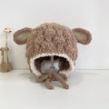 Plush baby winter hat with animal ears and earflaps in brown and beige colors - Plush Lamb [Khaki]