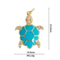 Macro view of 18K gold sea turtle pendant with blue enamel, zircon, and dimensions - DZY-2997 Light Blue Turtle