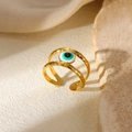Verstellbarer goldener Edelstahlring mit bösem Blick, Doppelband und gehämmerter Oberfläche - Zweilagiger Hammerschlag-Textur Grünes Augen-Stil