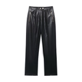 Women's high-waisted black faux leather flared pants with gold buttons and zipper pockets - S / Black High Waist Faux Leather Pants