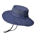 Dunkelblauer Sonnenhut mit breiter Krempe, grauem Netzgewebe und Kinnriemen - Marineblau