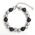 Verstellbares schwarz-silbernes Edelstahlperlen-Armband mit Karabinerverschluss und Tag - 8mm / Schwarz Silber