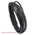 Pulsera multicapa de cuero trenzado negro y marrón con hebilla magnética de aleación negra - 20.5CM/Cierre Magnético / Marrón Negro
