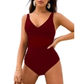 Detail of burgundy one-piece swimsuit with V-neck mesh splicing and crisscross waist design - S / Burgundy
