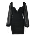 Sexy black bodycon dress with deep V-neck, ruched texture and sheer mesh lantern sleeves - 2XL / Black