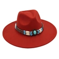 Detail of red wool felt fedora featuring bohemian beadwork and turquoise stone inlay - One Size / Rust Red (Rust Red 9.5cm [Bead Band])