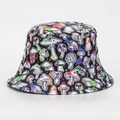 Detailed view of colorful mushroom ink splatter pattern on a black fashion bucket hat - M (56-58cm) / Black Background Artistic Splatter Mushroom Print (#06)