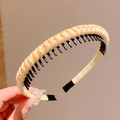 Pale yellow woven fabric headband for girls with non-slip inner toothed plastic grip - Yellow