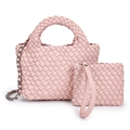 Pink hand-woven leather bucket bag set with mini coin purse and chain strap - Pink