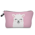 Detailed view of pink cartoon alpaca makeup bag with a black zipper and durable canvas texture - Smiling Llama (307-16)