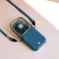 Portable teal neck fan with power bank function and elegant golden decorative ring - Foldable Stand Blue