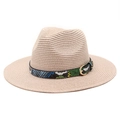 Detail of light khaki straw sun hat featuring a colorful snake print band and gold buckle - M (56-58cm) / Light Pink