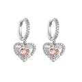 Detail of silver heart earrings with pink gemstones and angel wing crystal accents - Silver Pink Heart With Wings 1 Pair