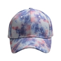 Detail of colorful blue and pink tie-dye baseball cap fabric with stitched eyelets - Tie-Dye Purple Red