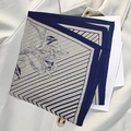 Elegant navy and grey square silk scarf featuring lily floral patterns and stripes - Navy Blue Patchwork Floral Square Scarf / 65