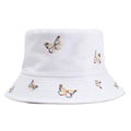 White reversible bucket hat with colorful butterfly embroidery for sun protection - White
