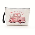 Cream canvas cosmetic bag with pink retro truck and heart patterns on white background - Romantic Floral Truck