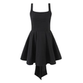 Elegant black backless dress with a square neck and large bow trail on white background - S / Black