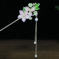 Eleganter goldener Haarschmuck mit lila Harzblüten und feinen Perlen-Quasten - Helllila Blütenblatt Kunstperle Quaste Stil (0175)